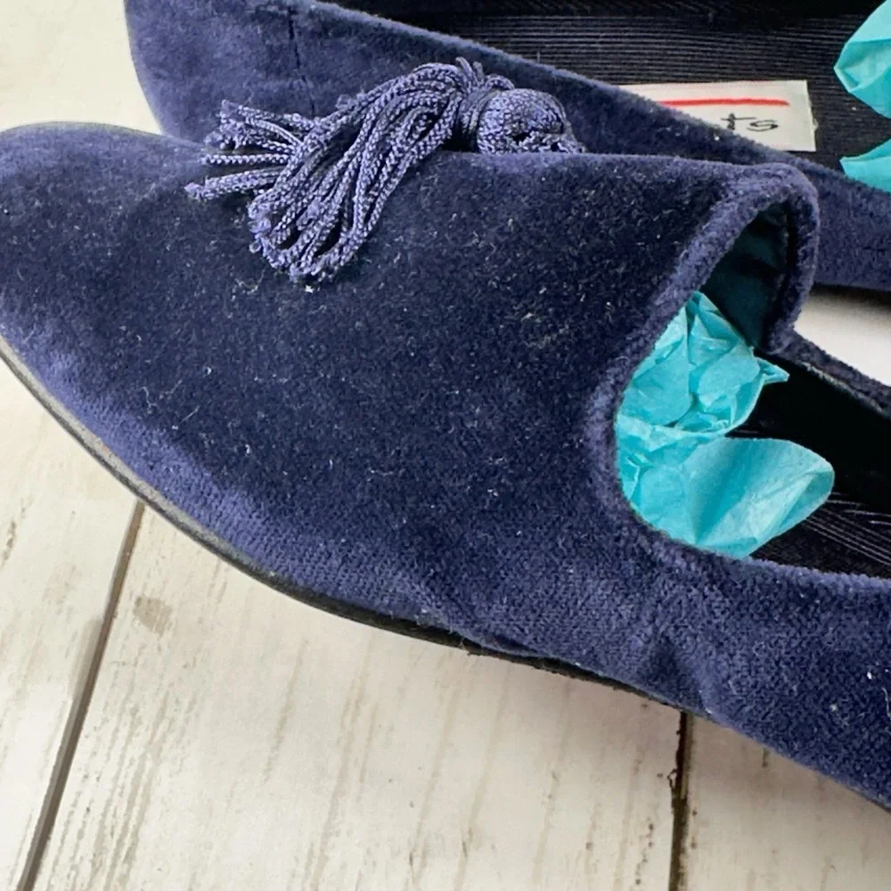 Talbots Womens Blue  Velvet Slip On‎ Smoking Flats Tassels Loafers Shoes sz 8AA